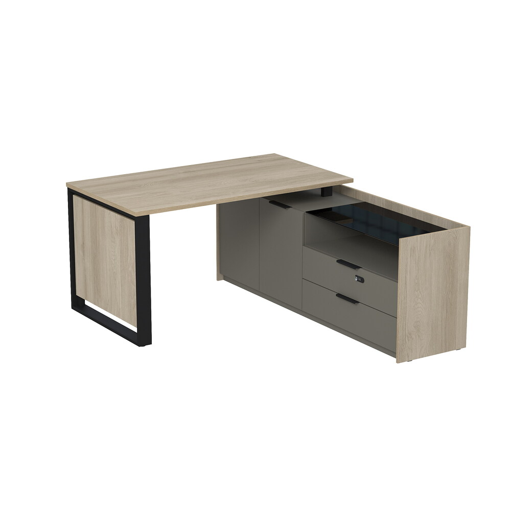 Стол рабочий на опорной двусоставной тумбе, с ящиками (метабокс), с код замком