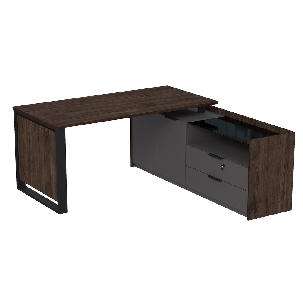 Стол рабочий на опорной двусоставной тумбе, с ящиками (метабокс), с замком