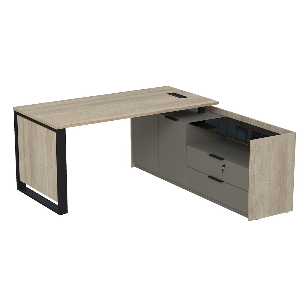 Стол рабочий с люч, на опорной двусоставной тумбе, с ящиками (метабокс), с замком