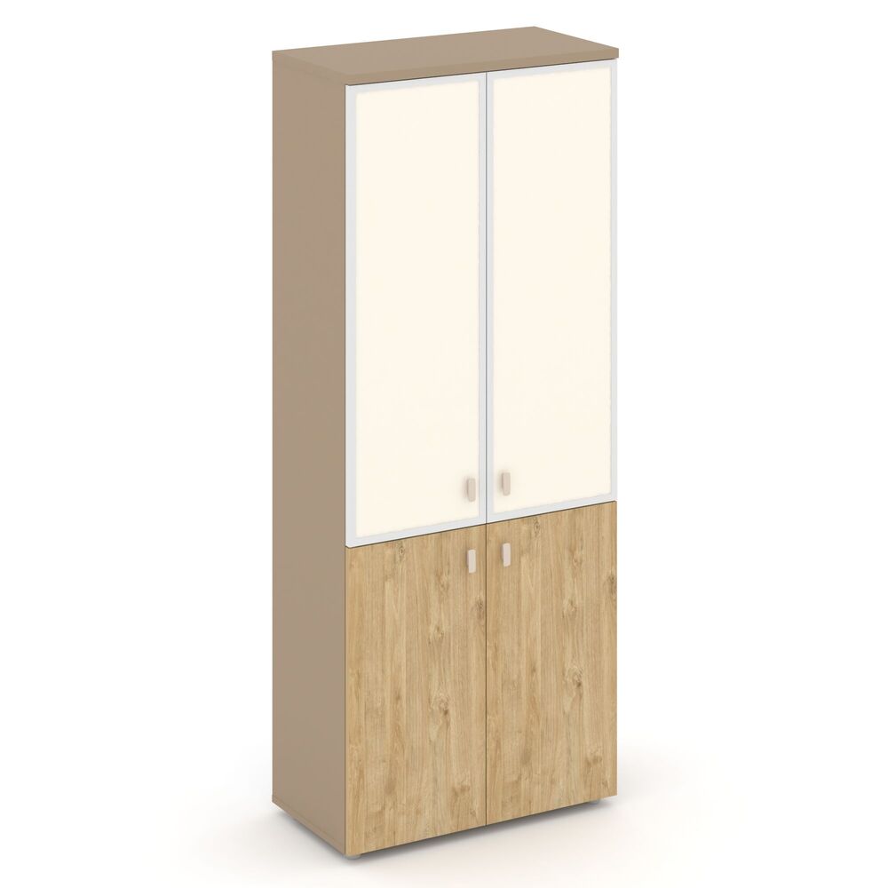 Шкаф высокий широкий (2 низких фасада ЛДСП+2 средних фасада стекло лакобель в раме)