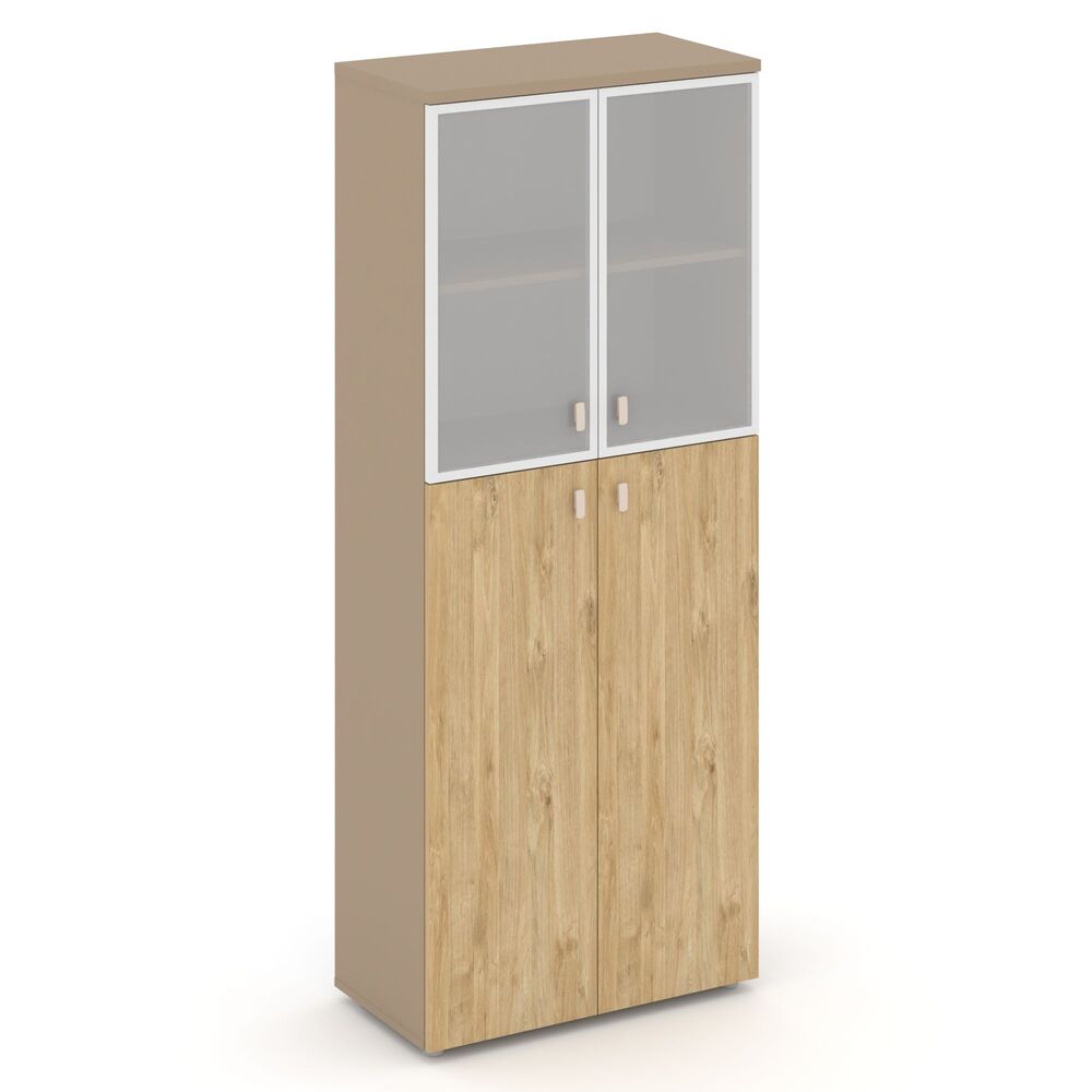 Шкаф высокий широкий (2 средних фасада ЛДСП+2 низких фасада стекло в раме)