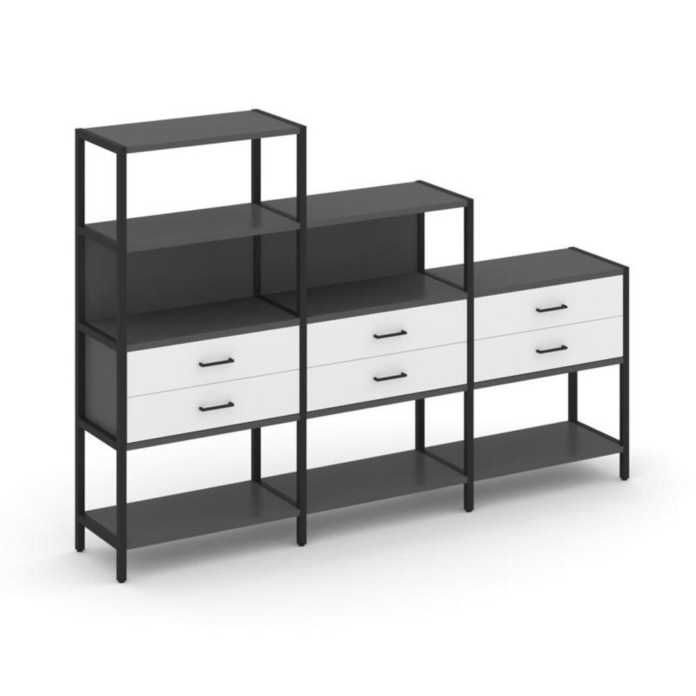 Трехсекционный стеллаж четырех/трех/двухярусный с ящиками