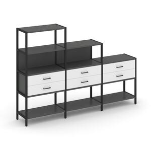 Трехсекционный стеллаж четырех/трех/двухярусный с ящиками