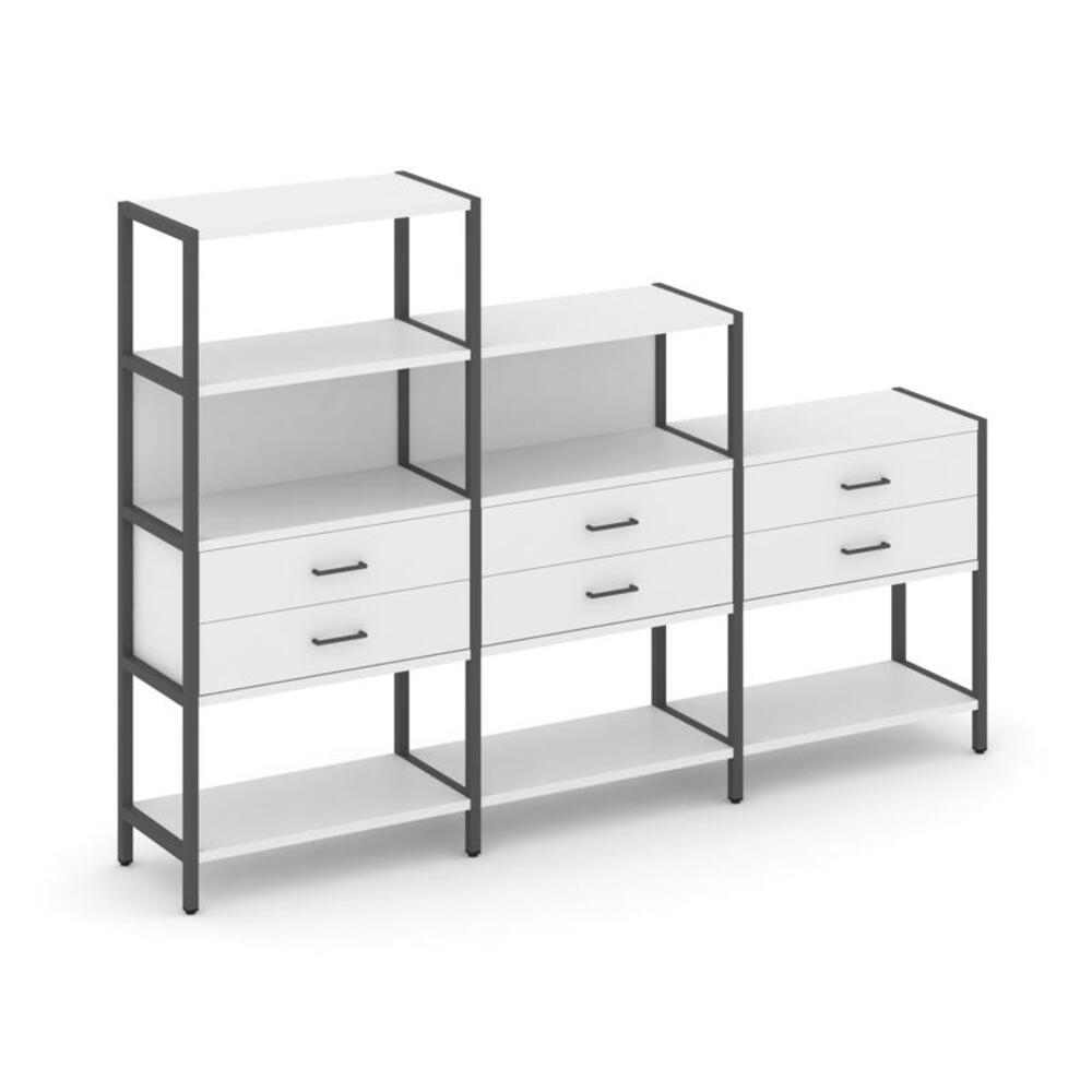 Трехсекционный стеллаж четырех/трех/двухярусный с ящиками