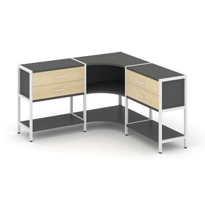 Трехсекционный угловой стеллаж двухярусный с ящиками