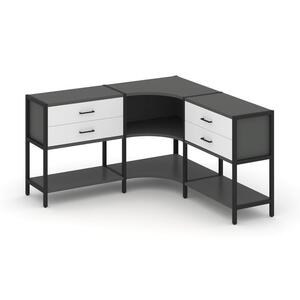 Трехсекционный угловой стеллаж двухярусный с ящиками