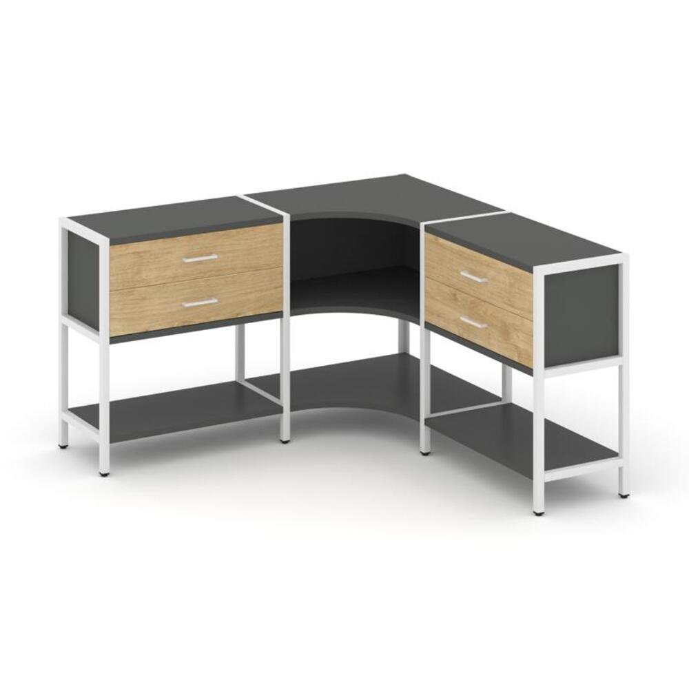 Трехсекционный угловой стеллаж двухярусный с ящиками