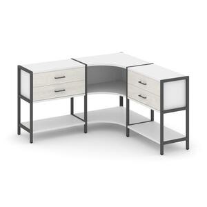 Трехсекционный угловой стеллаж двухярусный с ящиками