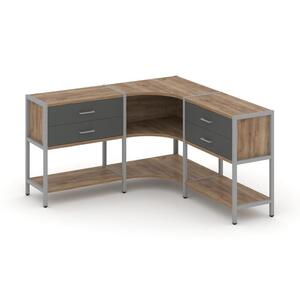 Трехсекционный угловой стеллаж двухярусный с ящиками