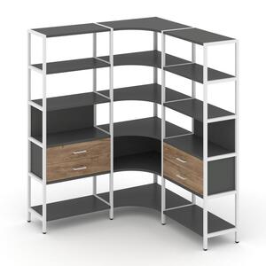 Трехсекционный угловой стеллаж пятиярусный с ящиками