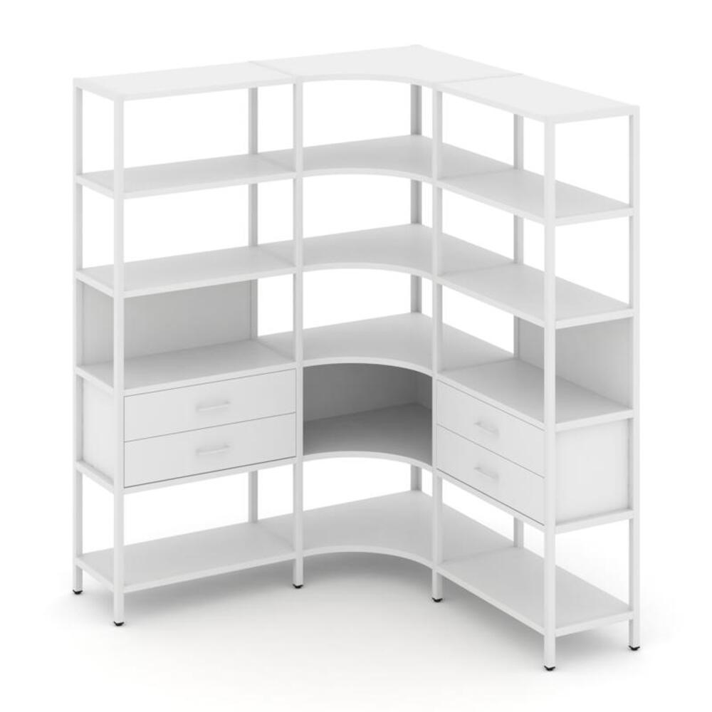 Трехсекционный угловой стеллаж пятиярусный с ящиками