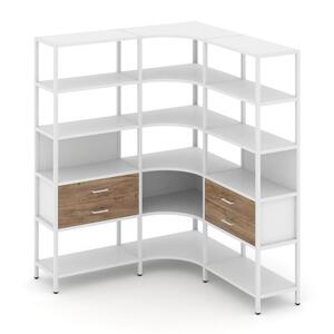 Трехсекционный угловой стеллаж пятиярусный с ящиками