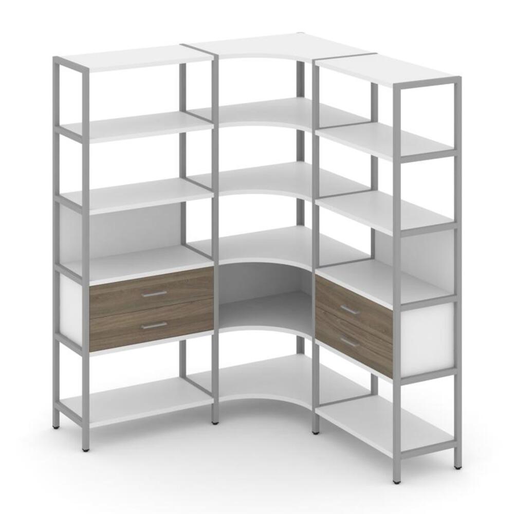 Трехсекционный угловой стеллаж пятиярусный с ящиками