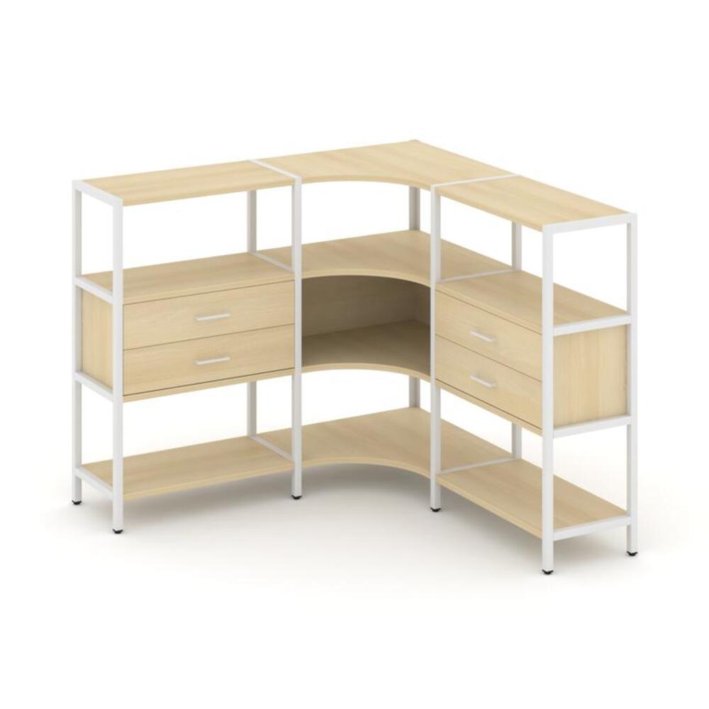 Трехсекционный угловой стеллаж трехярусный с ящиками