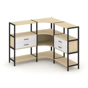 Трехсекционный угловой стеллаж трехярусный с ящиками