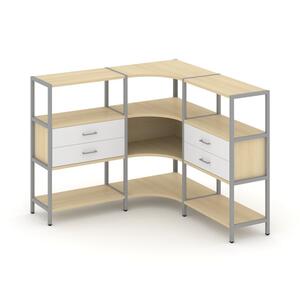 Трехсекционный угловой стеллаж трехярусный с ящиками