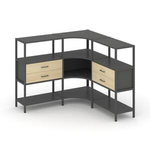 Трехсекционный угловой стеллаж трехярусный с ящиками
