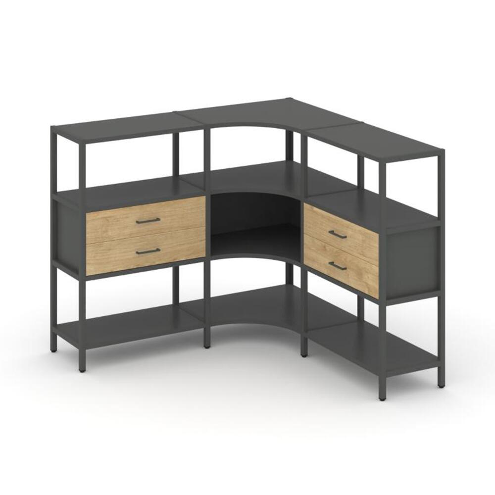 Трехсекционный угловой стеллаж трехярусный с ящиками