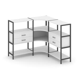 Трехсекционный угловой стеллаж трехярусный с ящиками