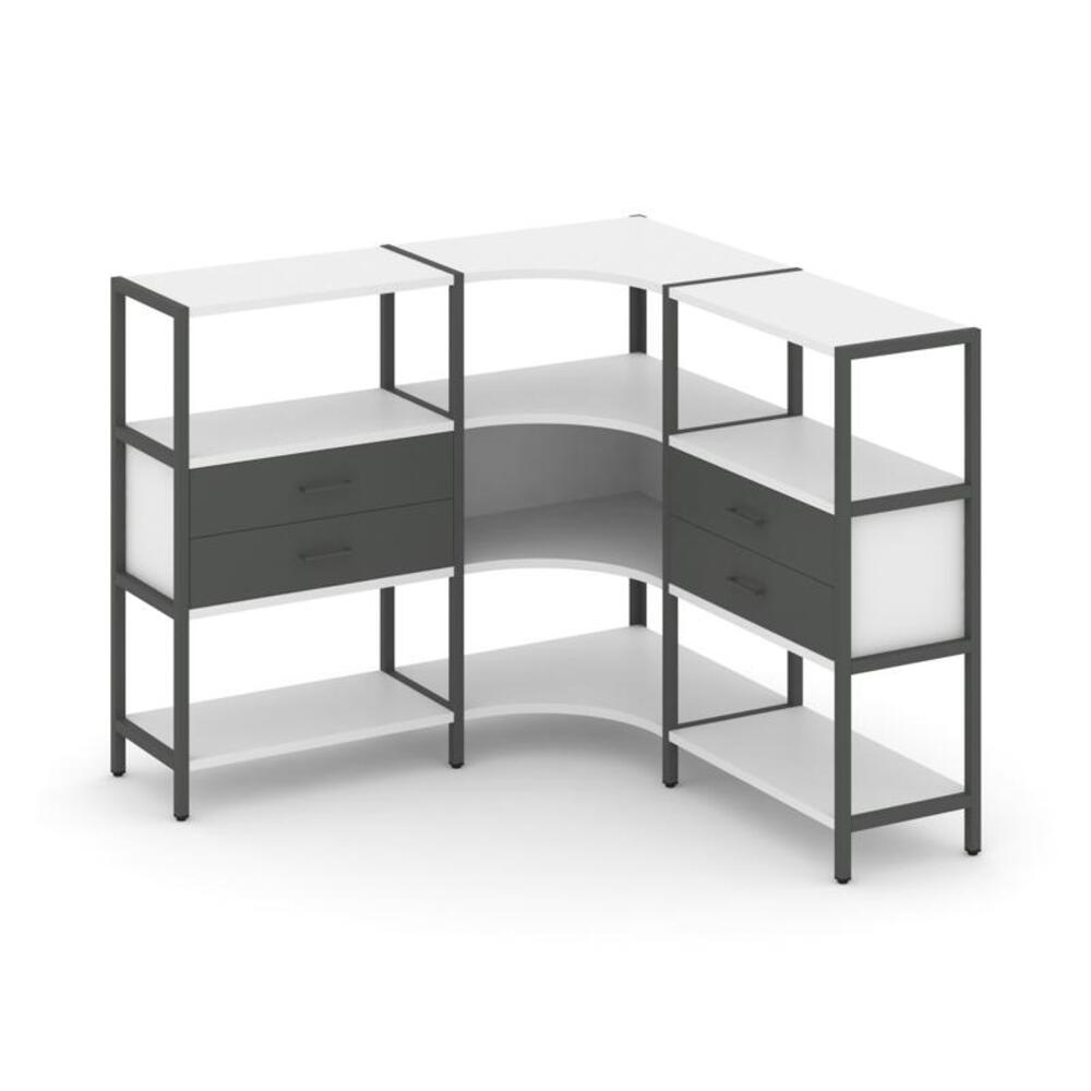 Трехсекционный угловой стеллаж трехярусный с ящиками
