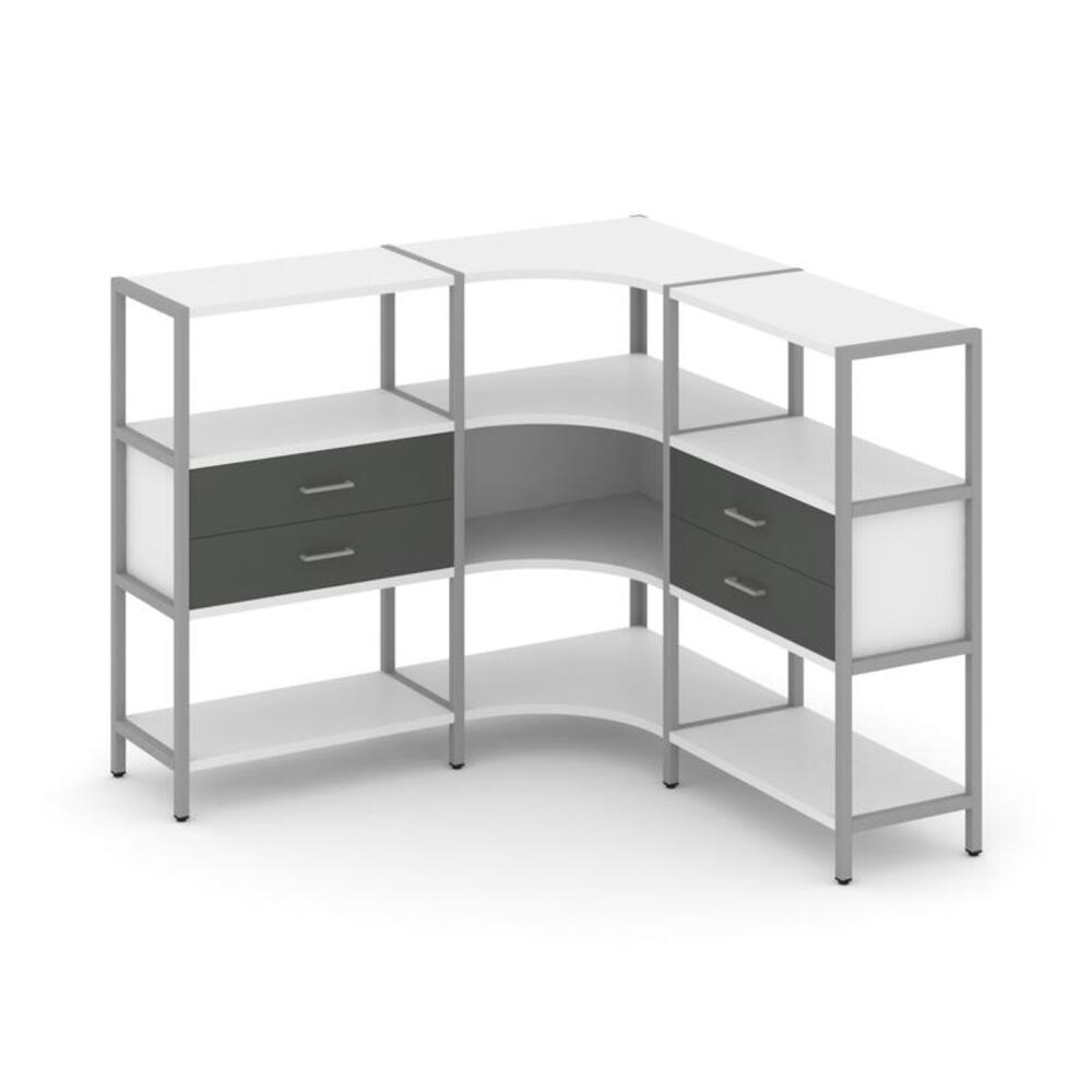 Трехсекционный угловой стеллаж трехярусный с ящиками