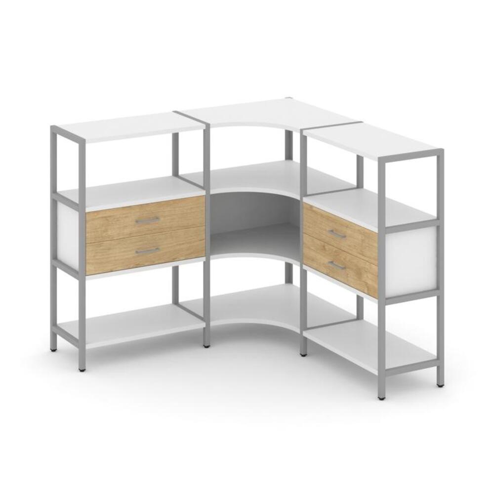Трехсекционный угловой стеллаж трехярусный с ящиками