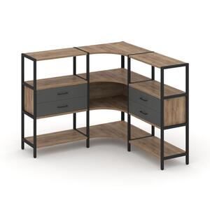 Трехсекционный угловой стеллаж трехярусный с ящиками