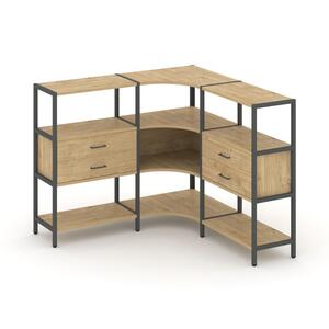 Трехсекционный угловой стеллаж трехярусный с ящиками