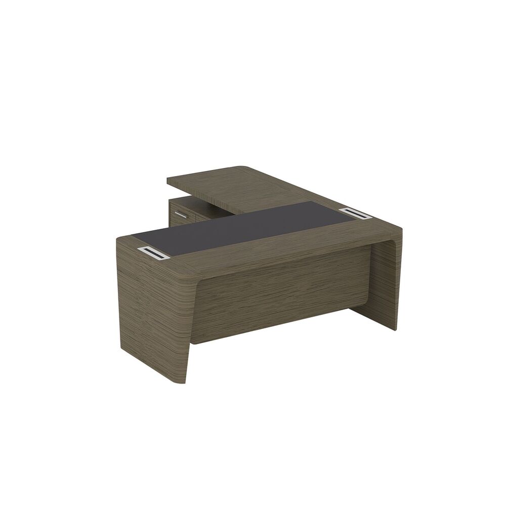 Стол для руководителя левый с кожаным бюваром, приставкой на большой тумбе и фронтальной панелью